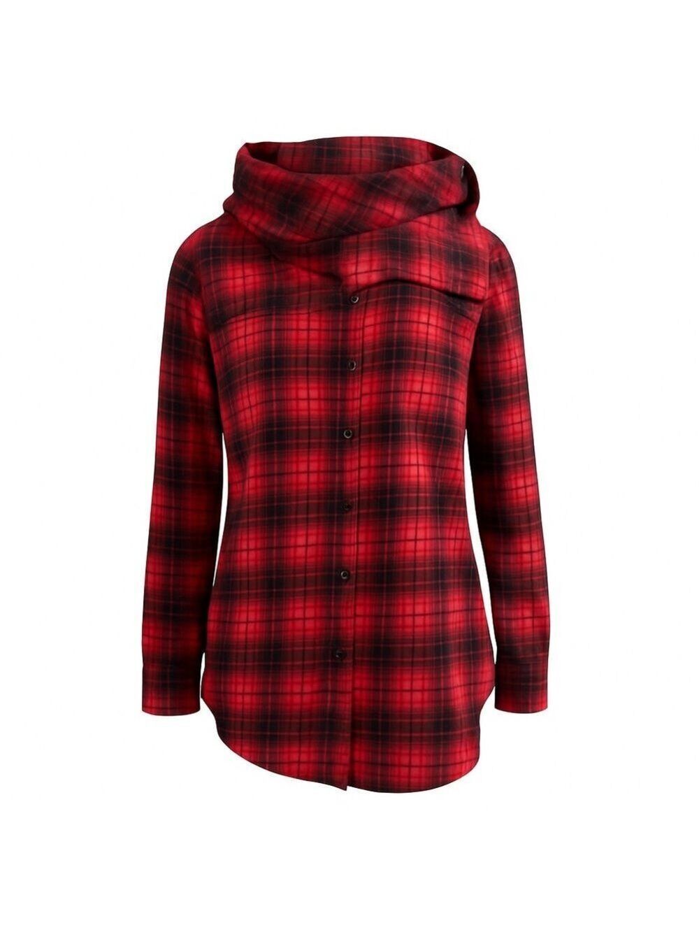 Plaid Hooded Button-Up flannel Shirt With Shawl Collar In Red & Black size Large